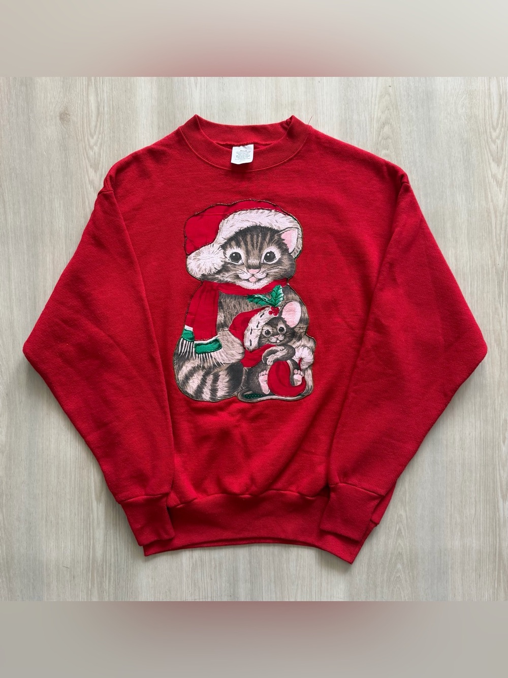 Vintage 90s Appliqué Christmas Kittens Sweatshirt Sz M  Retro Holiday